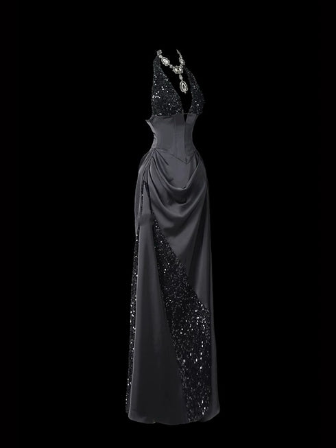 Gothic Black Halter Neck Dress for Wedding Guest - Black Satin Evening Dress Plus Size